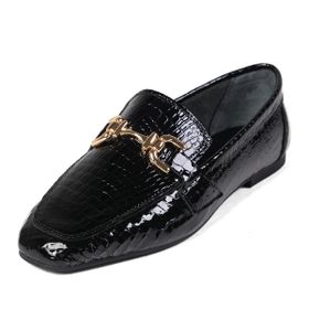 Mio Gusto Jordane Siyah Renk Hakiki Deri Hayvan Desenli Küt Burunlu Kadın Loafer Ayakkabı