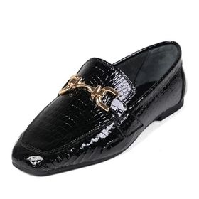 Mio Gusto Jordane Siyah Renk Hakiki Deri Hayvan Desenli Küt Burunlu Kadın Loafer Ayakkabı