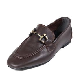 Mio Gusto Manon Hakiki Deri Kahverengi Zincir Aksesuarlı Küt Burunlu Kadın Loafer Ayakkabı