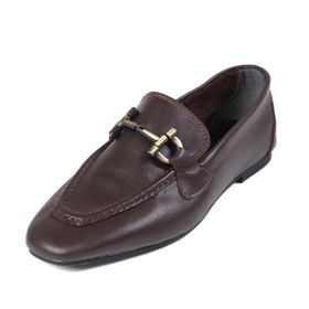 Mio Gusto Manon Hakiki Deri Kahverengi Zincir Aksesuarlı Küt Burunlu Kadın Loafer Ayakkabı