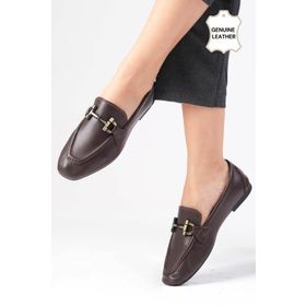 Mio Gusto Manon Hakiki Deri Kahverengi Zincir Aksesuarlı Küt Burunlu Kadın Loafer Ayakkabı