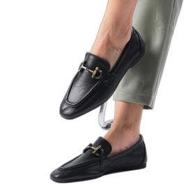 Mio Gusto Manon Hakiki Deri Siyah Renk Zincir Aksesuarlı Küt Burunlu Kadın Loafer Ayakkabı