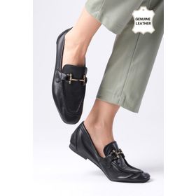 Mio Gusto Manon Hakiki Deri Siyah Renk Zincir Aksesuarlı Küt Burunlu Kadın Loafer Ayakkabı