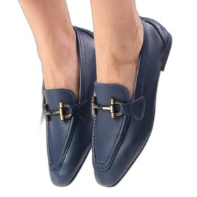 Mio Gusto Manon Lacivert Renk Hakiki Deri Zincir Aksesuarlı Küt Burunlu Kadın Loafer Ayakkabı