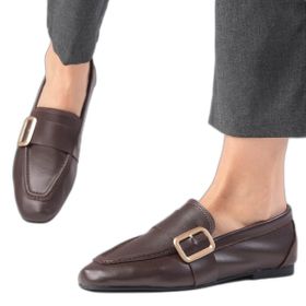 Mio Gusto Martina Hakiki Deri Kahverengi Küt Burunlu Kadın Loafer Ayakkabı