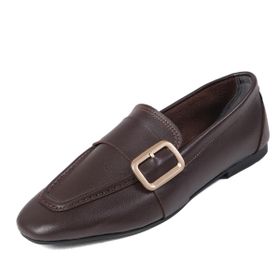 Mio Gusto Martina Hakiki Deri Kahverengi Küt Burunlu Kadın Loafer Ayakkabı