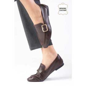 Mio Gusto Martina Hakiki Deri Kahverengi Küt Burunlu Kadın Loafer Ayakkabı