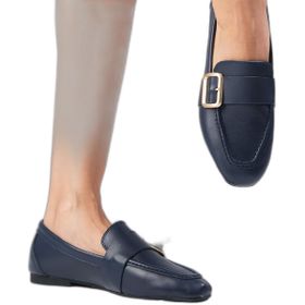 Mio Gusto Martina Hakiki Deri Lacivert Renk Küt Burunlu Kadın Loafer Ayakkabı
