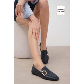 Mio Gusto Martina Hakiki Deri Lacivert Renk Küt Burunlu Kadın Loafer Ayakkabı