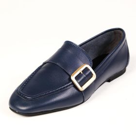 Mio Gusto Martina Hakiki Deri Lacivert Renk Küt Burunlu Kadın Loafer Ayakkabı