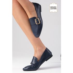 Mio Gusto Martina Hakiki Deri Lacivert Renk Küt Burunlu Kadın Loafer Ayakkabı