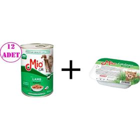 Mio Kuzu Etli 12x415 gr Kedi Konserve Mama + Kedi Çimi