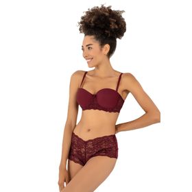 Miorre Push-Up Dolgulu Dantel Detaylı Straplez Bordo Sütyen Takım