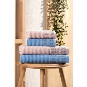 Mira Home Marena Mavi-Pudra %100 Pamuklu 4 Parça Büyük Boy Banyo Havlu Takımı