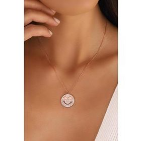 Mistik Silver Beyaz Taşlı Gülen Yüz Emojili Gümüş Kolye