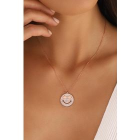Mistik Silver Beyaz Taşlı Gülen Yüz Emojili Gümüş Kolye