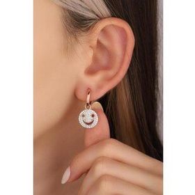 Mistik Silver Beyaz Taşlı Gülen Yüz Emojili Gümüş Küpe
