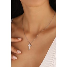 Mistik Silver Beyaz Taşlı Gümüş Haç Kolye