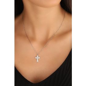 Mistik Silver Beyaz Taşlı Gümüş Haç Kolye