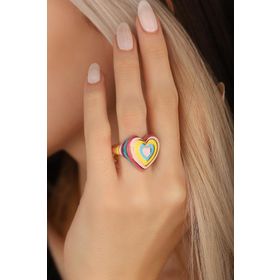 Mistik Silver Gökkuşağı Renkli Mineli Taşsız Kalpli Gümüş Yüzük