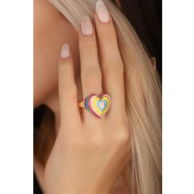 Mistik Silver Gökkuşağı Renkli Mineli Taşsız Kalpli Gümüş Yüzük