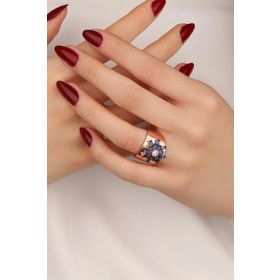 Mistik Silver Lacivert Baget Taşlı Kalın Güneş Gümüş Yüzük
