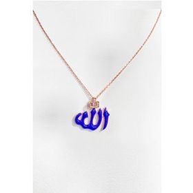 Mistik Silver Lacivert Mineli Arapça Allah Gümüş Kolye