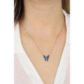 Mistik Silver Lacivert Taşlı Gümüş Kelebek Kolye
