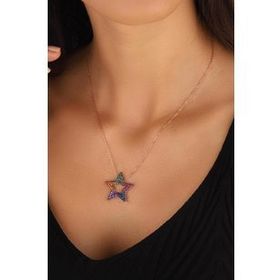 Mistik Silver Renkli Mix Taşlı Gümüş Yıldız Kolye