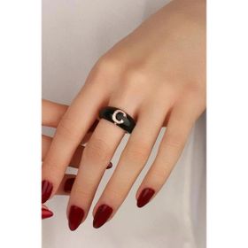 Mistik Silver Siyah Mineli Gümüş Harf Yüzük