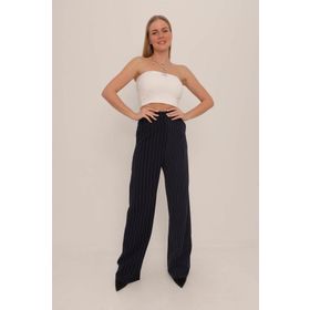 Mizalle 18KGMZL2011002 Lacivert Çizgili Bol Paça Kadın Pantolon