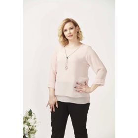 Moda Berray 1934 Açık Pembe Kolyeli Şifon Büyük Beden Şık Kadın Bluz