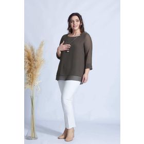 Moda Berray 1934 Haki Kolyeli Şifon Büyük Beden Şık Kadın Bluz