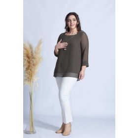 Moda Berray 1934 Haki Kolyeli Şifon Büyük Beden Şık Kadın Bluz