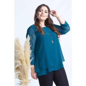 Moda Berray 1934 Petrol Kolye Yakalı Şifon Büyük Beden Şık Kadın Bluz