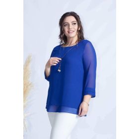 Moda Berray 1934 Saks Mavi Kolyeli Şifon Büyük Beden Şık Kadın Bluz