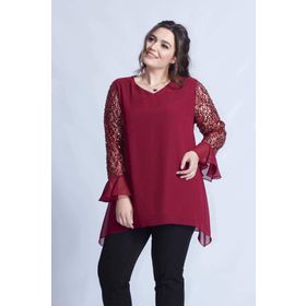 Moda Berray 1939 Bordo Kolu Pullu Şifon Büyük Beden Şık Kadın Bluz