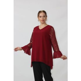 Moda Berray 1939 Bordo Kolu Pullu Şifon Büyük Beden Şık Kadın Bluz