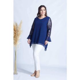 Moda Berray 1939 Lacivert Kolu Pullu Şifon Büyük Beden Şık Kadın Bluz