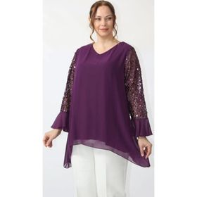 Moda Berray 1939 Mürdüm Kolu Pullu Şifon Büyük Beden Şık Kadın Bluz