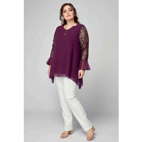 Moda Berray 1939 Mürdüm Kolu Pullu Şifon Büyük Beden Şık Kadın Bluz