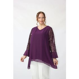 Moda Berray 1939 Mürdüm Kolu Pullu Şifon Büyük Beden Şık Kadın Bluz