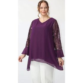 Moda Berray 1939 Mürdüm Kolu Pullu Şifon Büyük Beden Şık Kadın Bluz