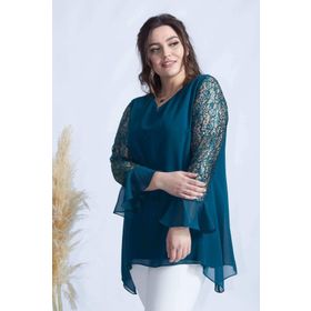 Moda Berray 1939 Petrol Kolu Pullu Şifon Büyük Beden Şık Kadın Bluz