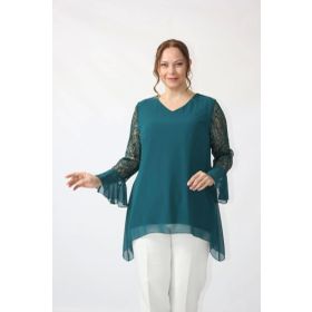 Moda Berray 1939 Petrol Kolu Pullu Şifon Büyük Beden Şık Kadın Bluz