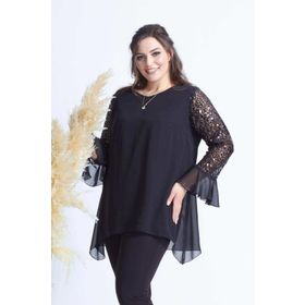 Moda Berray 1939 Siyah Kolu Pullu Şifon Büyük Beden Şık Kadın Bluz