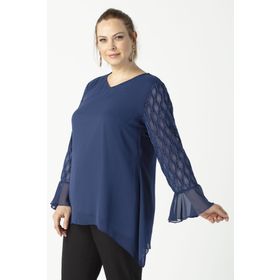 Moda Berray 1940 Lacivert Kolu Jakarlı Şifon Büyük Beden Şık Kadın Bluz
