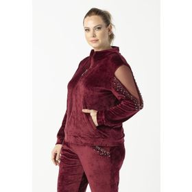 Moda Berray 1950 Bordo Kolları Taşlı Tam Kalıp Tarz Kadife Büyük Beden Kadın Eşofman Takımı