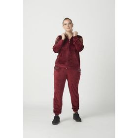 Moda Berray 1950 Bordo Kolları Taşlı Tam Kalıp Tarz Kadife Büyük Beden Kadın Eşofman Takımı