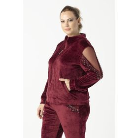 Moda Berray 1950 Bordo Kolları Taşlı Tam Kalıp Tarz Kadife Büyük Beden Kadın Eşofman Takımı
